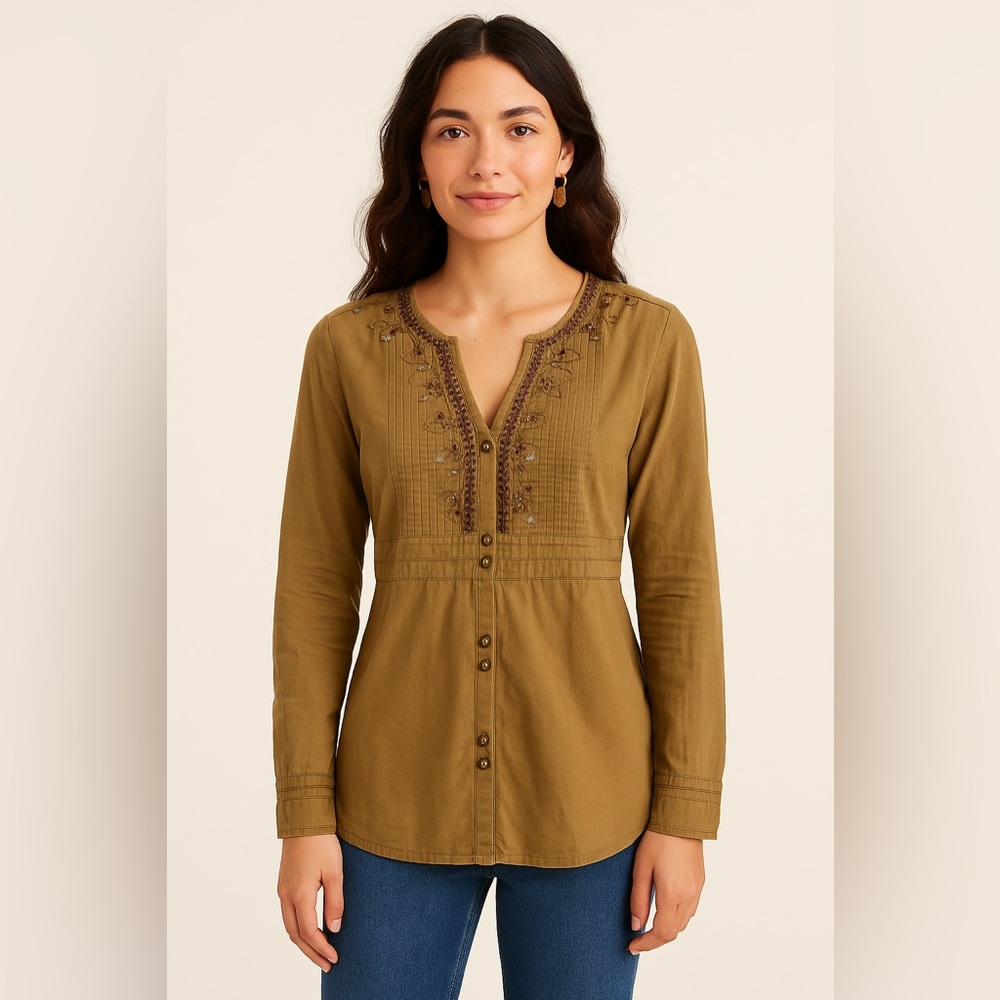 Tara Raquel Brown Embroidered Boho Tunic Top Size 8 M Long Sleeve Beaded Hippie